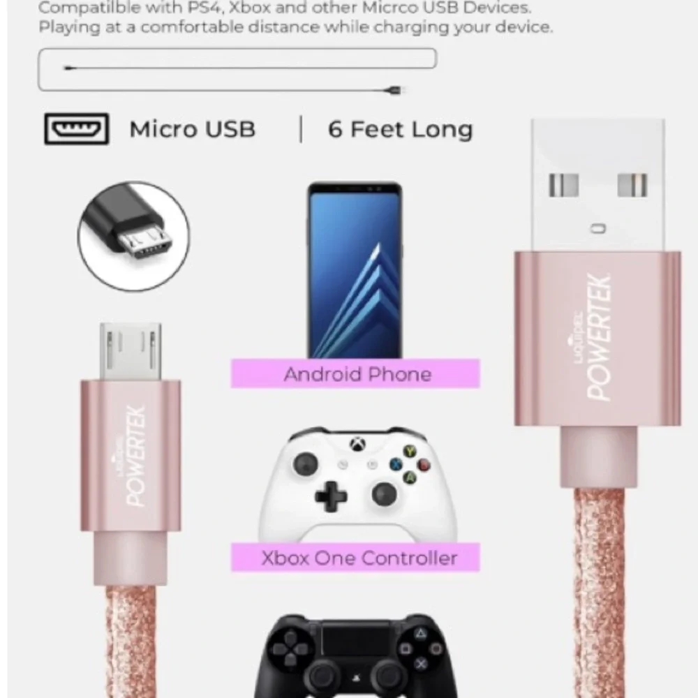6’ Fast Charging Liquidel Powertek Rose Gold Glitter Micro USB to USB-A Charger